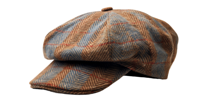 Stylish brown and blue plaid hat set against a clean white background