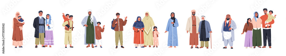 Wall mural muslim people set. arab characters, men, women and kids, couple and families in traditional clothes, - Wall murals