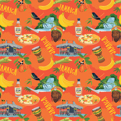 Seamless pattern in Rasta colors. Jamaican vector pattern. Rum, ackee fruit, hummingbird, waterfall, beach bar, rastafarian, giant drum in flat style on orange background.