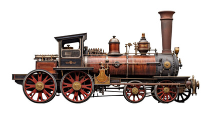 Vintage steam engine on a white background, showcasing its classic design and intricate details