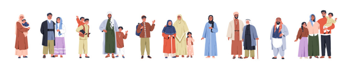 Muslim people set. Arab characters, men, women and kids, couple and families in traditional clothes, hijab, headscarf, dressed in islam apparel. Flat vector illustrations isolated on white background - 773830562