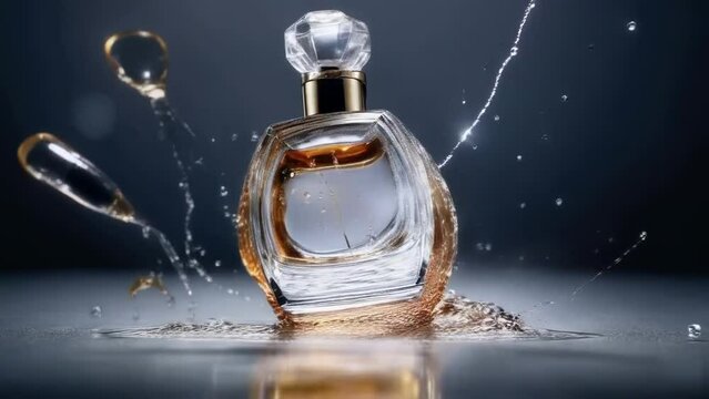 Elegant Perfume Bottle Splashing Against Dark Backdrop
