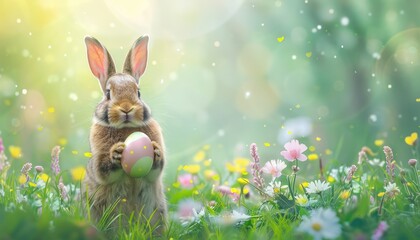 A rabbit is holding an Easter egg in a field of flowers by AI generated image