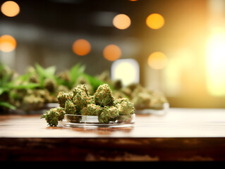 Cannabis marijuana dried buds on wooden table, blurry lights background  - obrazy, fototapety, plakaty