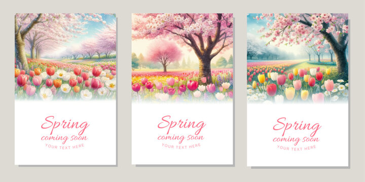 Watercolor illustration background of cherry blossoms in full bloom and tulips
