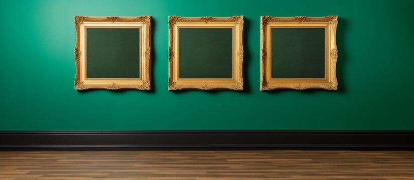 A pair of luxurious gold frames, devoid of any pictures, hang elegantly against a vibrant green wall in a stylish setting
