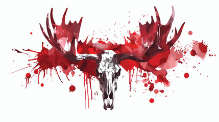 Watercolor Moose Skull  Red Splatter isolated on white