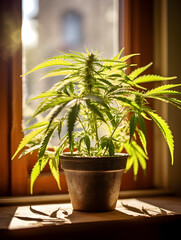 A green cannabis marijuana plant growing in pot on window sill at home, blurry background 