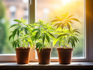Three cannabis marijuana plants growing in a pot on window sill at home 