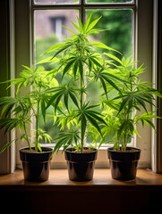 Three cannabis marijuana plants growing in a pot on window sill at home 