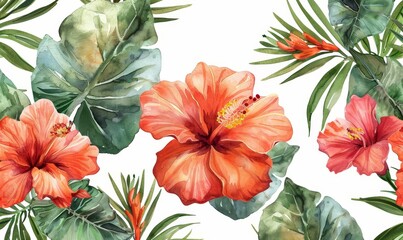 watercolor seamless pattern with exotic tropical flowers, Generative AI