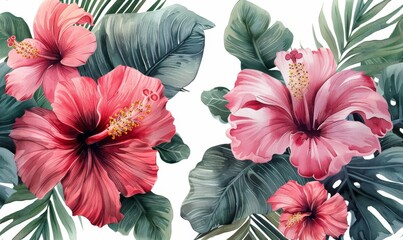 watercolor seamless pattern with exotic tropical flowers, Generative AI - obrazy, fototapety, plakaty