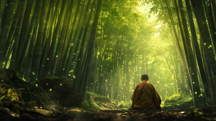 A Meditating Monk in the Calming Ambiance of Bamboo Forest - obrazy, fototapety, plakaty