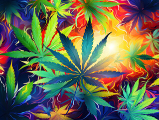 Abstract colorful background with cannabis marijuana plant leaves 