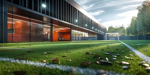 New build sports campus for a sports club in a small village with Athletics stadium. Generative AI. - obrazy, fototapety, plakaty