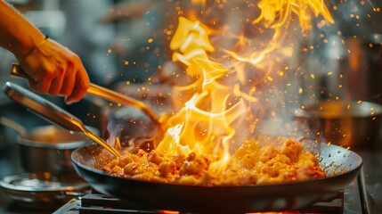 Close-up Professional chef hands cook food with fire in kitchen at restaurant.