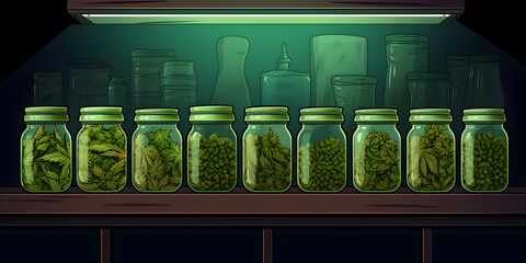 Illustration of cannabis buds stored in glass jars on a shelf, green background wall 