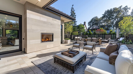 Naklejka premium A sun-drenched patio adorned with comfortable seating and a sleek fireplace, providing the perfect spot for daytime relaxation or evening gatherings. 8K.