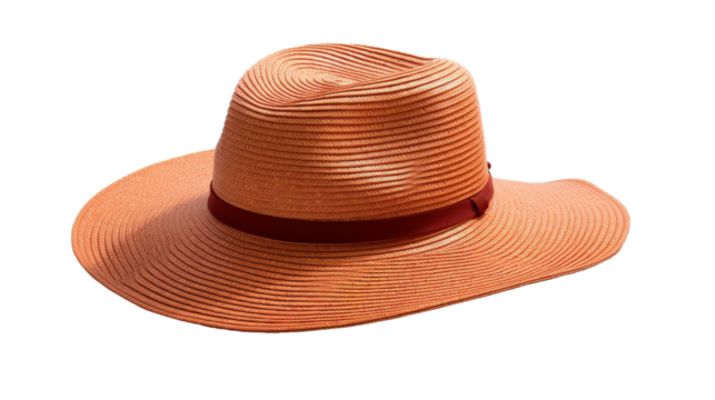 A vibrant orange hat adorned with a rustic brown ribbon wrapped around its brim