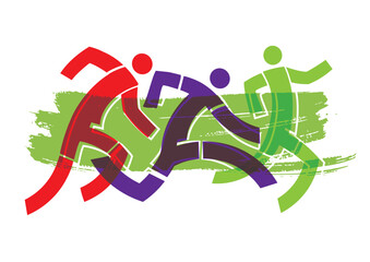 Running race, marathon, jogging.
 Stylized illustration of three running racers on green expressive brush stroke. Isolated on white background. Vector available.