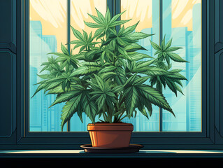 Illustration of a green cannabis marijuana plant in a pot on window sill at home 