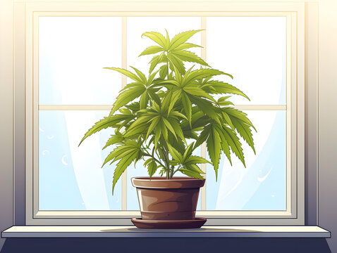 Illustration of a green cannabis marijuana plant in a pot on window sill at home 