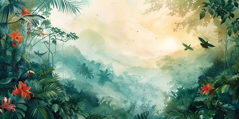 Fototapeta na wymiar Watercolor pattern wallpaper. Painting of a jungle landscape with birds, Generative AI