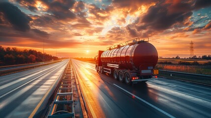A fuel truck on a highway against the backdrop of the sunset sky. Oil and gas industry, cargo transportation concept by trucks. Generative AI. - obrazy, fototapety, plakaty