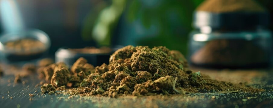 Hashish on the table with blurred background, close up photo, professional photo