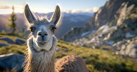 Obraz premium Llama on hiking trail, close-up, serene companion, mountain view, soft, detailed fur, peaceful. 