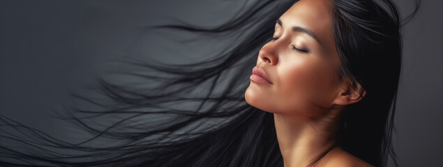 Woman with black long hair flowing in the wind against dark backdrop