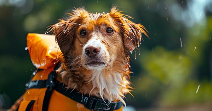 Dog in life jacket, close-up, boat adventure, sunny, refreshing, detailed, safety-first mood. 