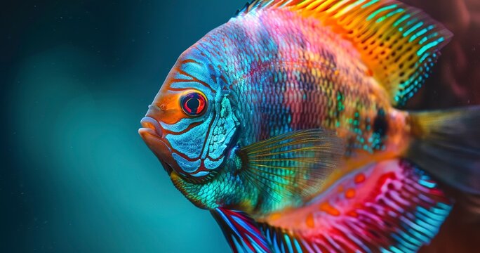 Discus fish, rainbow hues, close-up, serene, aquarium light, tranquil, detailed, soft glow. 