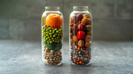 A Nutritional  capsule with fruit vegetables nuts and beans inside a nutrient pill. Medicine health concept. - obrazy, fototapety, plakaty