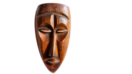 A mystical wooden mask hanging silently on a wall, exuding an aura of ancient wisdom and intrigue