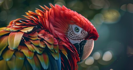 Parrot, mimicry training, close-up, vibrant feathers, articulate, natural light, engaging, detailed texture. 