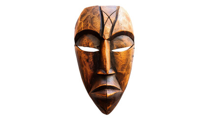 A beautifully carved wooden mask stands against a stark white background