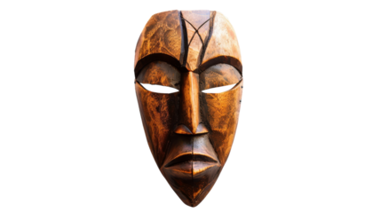 A beautifully carved wooden mask stands against a stark white background