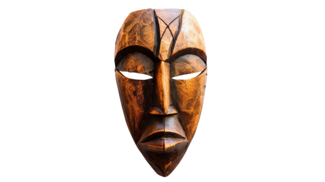 A beautifully carved wooden mask stands against a stark white background