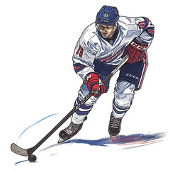 dynamic drawing of a hockey player trying to reach the puck with his stick, transparent background
