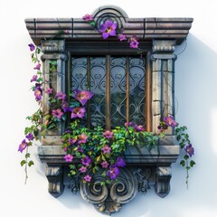 Fototapeta na wymiar 2D asset element of a window box with blooming, otherworldly flowers, isolated on white background