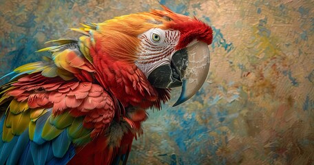 Parrot, adjusting to sanctuary, close-up, curious look, natural light, vibrant, detailed plumage. 