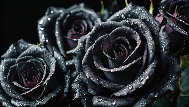 Background, texture of black roses with water drops.