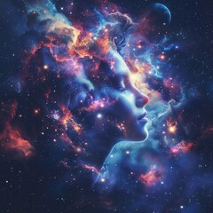 Space and celestial bodies burst from a head, symbolizing curiosity about the universe, in deep space colors and starlight