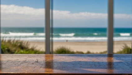 Background, mockup of an empty wooden floor against a window near a sandy beach.