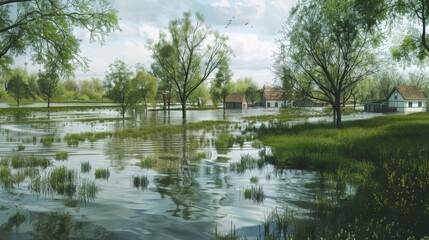 Fototapeta na wymiar Serene Flooded Countryside Landscape in Spring
