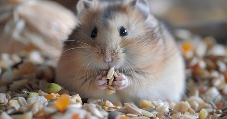 Hamster, nibbling seed ball, close-up, joyous, soft bedding backdrop, detailed, wholesome bite. 