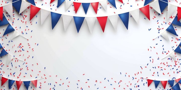 Bastille Day banner or header. July 14th France national holiday celebration. Blue, white, and red tricolor french flag bunting.