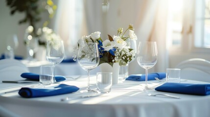 Wedding table, minimalist, clean white background, clean blank tabletop, bright white light during the day. Generative AI.