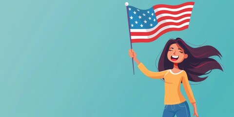 Hopeful Woman Holding the Flag of the United Stated of America. Optimistic girl holding American flag celebrating citizenship